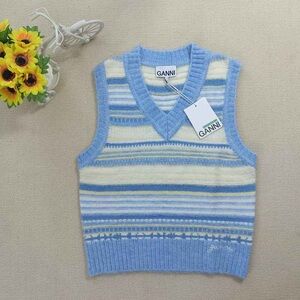 Ganni Blue and Cream Striped Sweater Vest